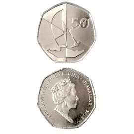 2019 Gibraltar Island Games Sailing UNC 50p Coin with Heptagon Acrilyc Coin Holder in a Pouch Wallet