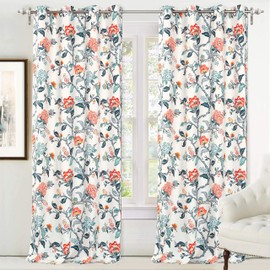 DriftAway Ada Floral Botanical Print Flower Leaf Lined Thermal Insulated Room Darkening Blackout Window Curtains 2 Layers Set of 2 Panels Each 52 Inch by 96 Inch Ivory Orange Teal
