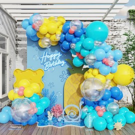 152pcs Cartoon Sponge Balloon Arch Kit,Yellow Blue Pink Clear Balloons For Cartoon Sponge Baby Shower Party Decorations Under The Sea Ocean Theme Birthday Party Supplies