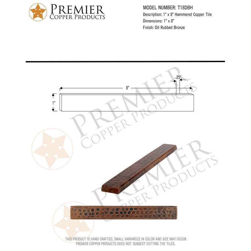 Premier Copper Products T18DBH 1-Inch x 8-Inch Hammered Copper Tile