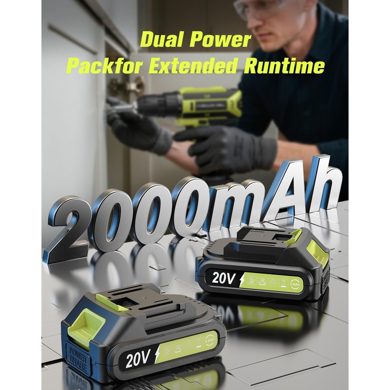 Cordless Drill, 20V MAX Power Drill Set with 2 Batteries