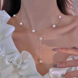 Vacaonio Vintage Pearl Y Lariat Necklace Pearl Bead Choker Necklace Gold Pearl Y Necklace Bridal Pearl Pendant Necklace Long Pearl Drop Necklace Jewelry for Women