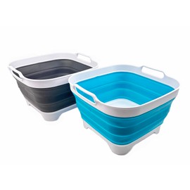 SAMMART 10L (2.6 gallons) Collapsible Plastic Dishpan with Draining Plug - Foldable Washing Tub - Portable Dish Washing Basin - Pop Up Saving Kitchen Storage (Steel Grey+Ceramic Blue (Set of 2))