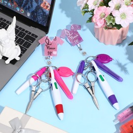 Dispowreath 12 Pcs Nurse Badge Accessories Include Permanent Marker Pen Highlighter Retractable Ball Pen Nurse Badge Clip Retractable Foldable Scissors LED Flashlight Keychain (Purple, Pink)