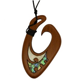Maui Maori Fish Hook Pendant, Hand Carved in New Zealand from Native Rimu Wood with Paua Inlay, Wood, No Stone, Wood, no stone