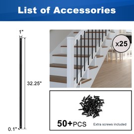 Belinova 25 Pack Metal Deck Balusters 32.25'' Deck Spindles for Wood Composite Staircase with Screws Black Aluminum Black Balusters Flat