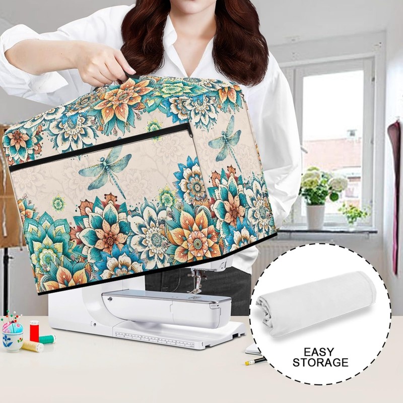 Mumeson Boho Flower Dragonfly Sewing Machine Cover, Portable Dust Protection
