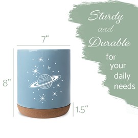Elanze Designs 8 inch Galactic Stars and Planet Ceramic Kitchen Utensil Holder Sky Blue and White Crock with Cork Base Large Cooking Utensil Organizer for Countertop