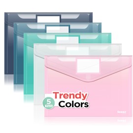 Sooez 5 Pack Plastic Envelopes, Plastic File Folders, Clear Folders for Documents Trendy Colors, Super Heavyweight Document Holders, Storage Pouches, File Envelopes for School Office Supplies
