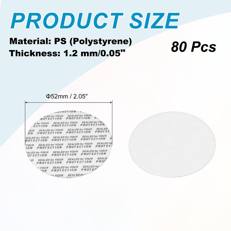 PATIKIL 52mm/2.05" フォーム蓋ライナー 80個の粘着ラウンドPS圧力感知シール プラスチックガラス瓶の蓋キャップ缶ビンシール用の封印ライナー