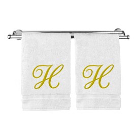 Toalla de mano con monograma, regalo personalizado, 16 x 30 pulgadas, juego de 2 toallas bordadas doradas, extra absorbentes, 100% algodón turco, acabado de rizo suave, para baño, cocina y spa, Script H, color blanco