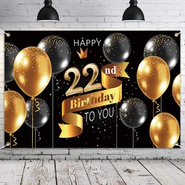 PAKBOOM Happy 22nd Birthday Backdrop Banner - 22 Birthday Party Decorations Supplies for Men - Black Gold 3.9 x 5.9ft