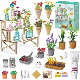Make It Miniature Botanicals Collectibles Playset, Paper Flower Bouquet DIY Crafts, Mini Plants, Bonsai, Potted, Succulent, Garden, Farm, Wooden Stand for Display, Collectors, Toy Gift, 6+, 70 Pcs