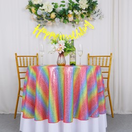AMZLOKAE Rainbow Tablecloth Round, Sequin Tablecloth 72 Inch, Shimmer Table Cloth for Birthday, Party Tablecloths Cover, Colorful Sparkle Table Linen for Round Tables