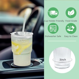 Icesip 20oz Drinking Glass Set of 2 with Straw Lid Vertical Stripes Ribbed Iced Coffee Mugs Vintage Glass Cup for Tea Juice Soda Smoothie(Ribbed A*2 with Lid)