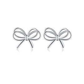 Reffeer Solid 925 Sterling Silver Bow Stud Earrings for Women Teens Ribbon Stud Earrings Bowknot (A-Silver)