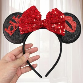 TEBWPIY Valentine’s Day Headband Hair Bands Mouse Ears Red Love Lips Bow Sequin Headbands for Women Valentines Day Parties Kids Costume Hair Accessories