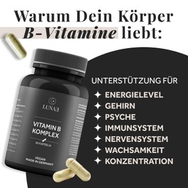 Lunae Lunae Vitamin B Komplex - mit allen 8 B-Vitaminen (B1, B2, B3, B5, B6, B7, B9, B12) - hochdosiertes Vitamin B vegan - laborgeprft & in Deutschland produziert - 60 Kapseln
