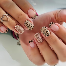 Press on Nails Square Short Fake Nails Glitter Press ons Leopard Print French Nail Art Tips Glue on Nails Artificial Acrylic Kit Nail Art Full Cover Stick on Nail Supplies for Women Spring 24 Pcs