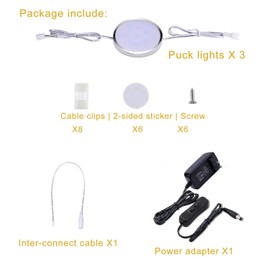 Lrlite 3 Pack Linkable Puck Lights for Kitchen Cabinet, Under Counter, Shelf, Accent Display Lighting with Wall Plug and On/Off Switch (2700K Warm White, 2.4" D x 0.3" H)