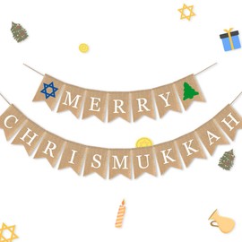 7-gost Burlap Merry Chrismukkah Banner Christmas and Hanukkah Party Garland Supplies Decorations（Christmas Tree Sign）