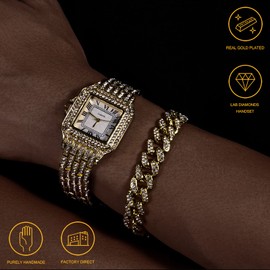 Halukakah Diamond Gold Watch, Men's 18K Real Gold/Rose Gold/Platinum Plated White Gold 33 mm Wide Square Dial Quartz 20 cm with Cuban Chain Necklace Bracelet, Free Gift Box, gold clock, Bracelet