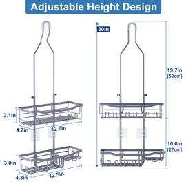 Joqixon Shower Caddy, Upgraded Extended Length Shower Caddy Over Showerhead No Blocking to Showerhead, Rustproof Bathroom Organizers and Storage with Hooks Shampoo Soap Holder, Large Hanging Caddy