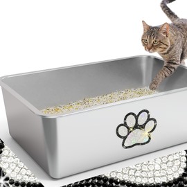 Stainless Steel Cat Litter Box High Side, XL Metal Litter Pan with Bling Paw, Kitten Toilet Pet Cleaning Tool for Big & Small Cats, Rabbits, Non-Stick, Splash-Proof, Odorless, White 19.7"x13.8"x5.9"