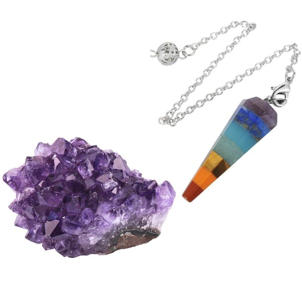 SUNYIK Natural Amethyst Quartz Cluster with 7 Chakra Stone Healing Crystal Point Pendulum Set for Reiki Dowsing Divination Wicca Meditation Therapy