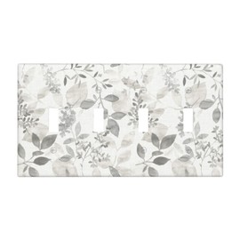 Watercolor White Gray Eucalyptus Floral Breezy Leaf Decorative 4-Gang Toggle Light Switch Wall Plate Cover, Sliver Grey Olive Leaves Quadruple Toggle Device Dimmer Switches Wall Plate Outlet Covers