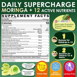 Moringa Gummies 1000mg for Women & Men Sugar-Free, 13-in-1 Superfood with Turmeric, Ashwagandha, Trans-Resveratrol, VB12 D3, Pure Moringa Leaf Supplement for Energy, Immune, Skin,Antioxidant, 60 Chews