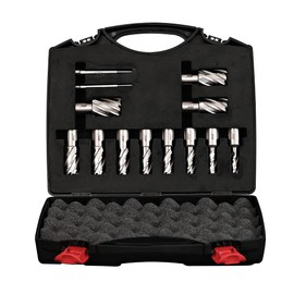 XINCHENG PRECISION HSS Annular Cutter Set 11pcs Annular Bits 3/4 Inch Weldon Shank 1 Inch Cutting Depth 7/16” to 1-1/16 Cutting Diameter M2AL HSS Kit for Magnetic Drill Press with 2 pcs Pilot Pins