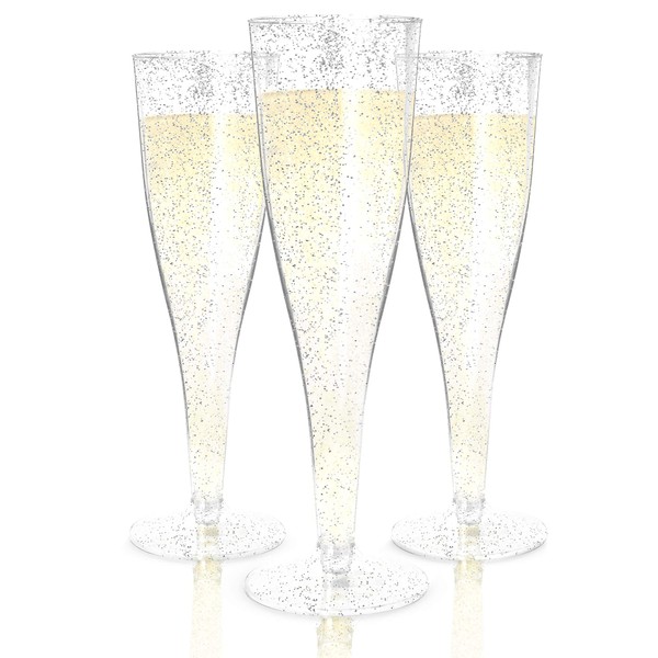 Prestee 100 Champagne Flutes Plastic | Disposable Champagne Flute | Silver Glitter Plastic Champagne Glasses Disposable | Mimosa Bar, Wedding, & Shower Party Supplies | Plastic Party Glasses (Silver)