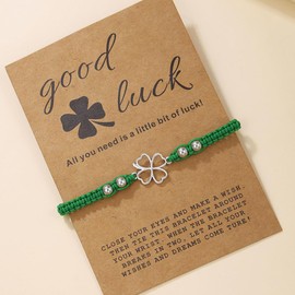 SCRDPRAD St. Patrick Green Shamrock Crystal Bracelet for Men Women Men Adjustable Irish Lucky Leaf String Bracelets With Message Card Holiday Gifts Jewelry-D