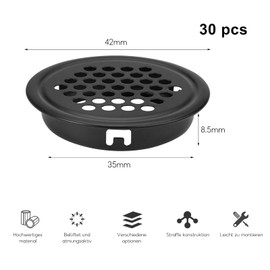 Stainless Steel Round Mesh Hole Air Vent Cover, 30 Pcs Stainless Steel Air Vent Hole, 42 mm Ventilation Louver Round Shape Ventilation Grille for Kitchen Bathroom Cabinet Wardrobe