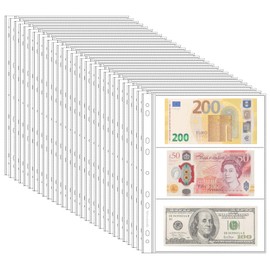 150 Pockets Archival Banknote Pages – 50 Sheets Acid-Free Currency Protector Sleeves for Bills, Stamps, Coupons IN02050