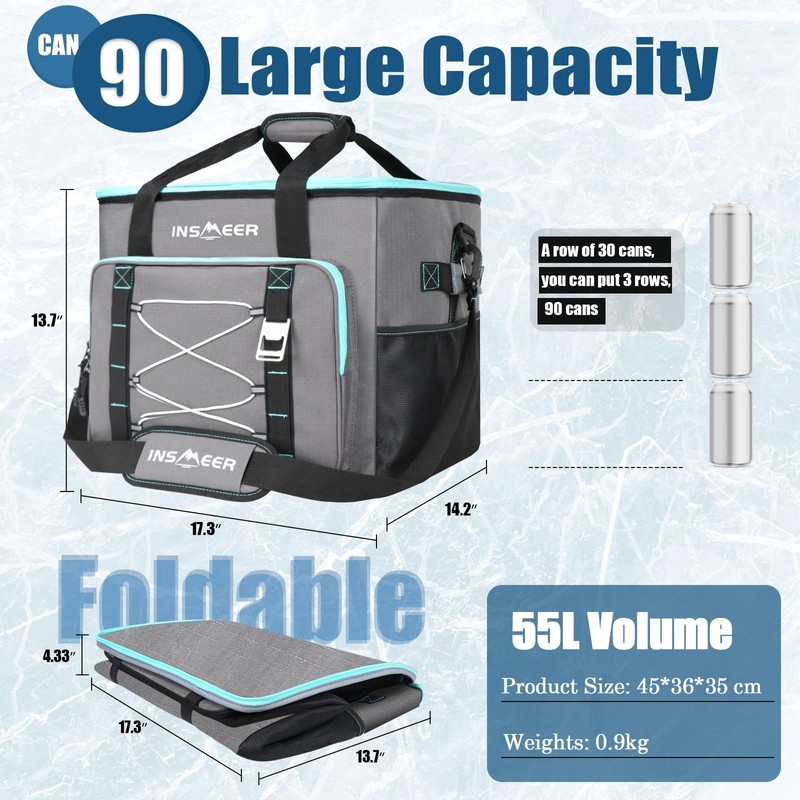 INSMEER Cooler Bag 90 Cans/55L, Insulated Soft Sided Cooler with