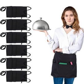Ruvanti Black Waitress Apron - 6 Pack, Cotton Enriched Waist Apron with 3 Pockets- Long Ties,Extra Coverage, Commercial Grade Server Aprons. Durable Fabric, Comfortable Half Apron/Money Apron.