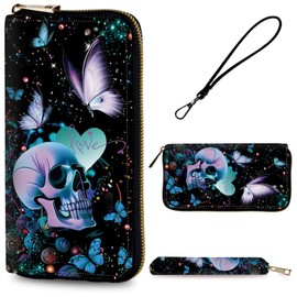 RYUITHDJP Large Capacity Leather Wallet for Women & Men - Phone Holder Clutch Travel Purse with Detachable Wristlet Strap - Skull