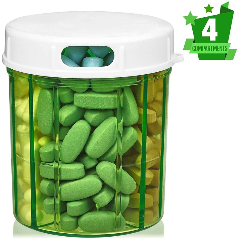 Pill Organizer Dispenser with 4 Compartments, Holder for Medication, Vitamins