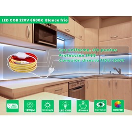 LED Strip COB 6500K Cool White 296LEDs/M (5M) 220V Direct EU Connection No Transformer IP65 Waterproof Indoor Outdoor Use Ceiling Living Room Kitchen Bathroom Office