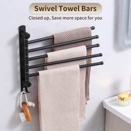 Swivel Towel Rack, 14" Thicken 304 Stainless Steel 5-Arm Adjustable Towel Bar,Wall Mounted Towel Holder with Hook, Space Saving for Kitchen, Bathroom, Outdoor (Black, 5 Arms)