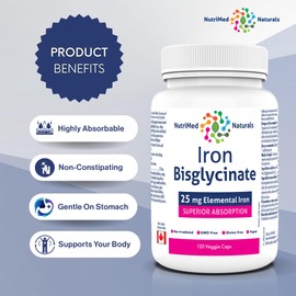 Iron Bisglycinate Iron Supplement 120 Caps - 25mg Elemental Iron Deficiency Supplement - Iron Vitamins - 3rd Party Tested - Formulated & Made in Canada
