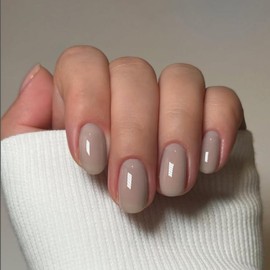 Light Grey Press on Nails Short Oval, SXVME Solid Color Acrylic Fake Nail Short Round, Thick False Nail Press ons Handmade of Gel, Natural Full Cover Glue on Nails For Women Daily Wear 24Pcs