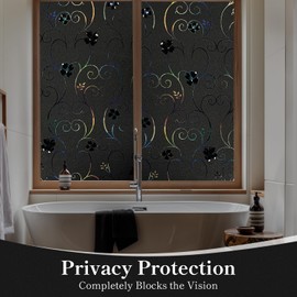 DUOFIRE Total Blackout Window Film, 100% Light Blocking Stained Glass Window Film Decorative, Flower Rainbow Window Film Room Darkening Removable Static Cling Window Cover for Home, 11.8 x 78.7 inches