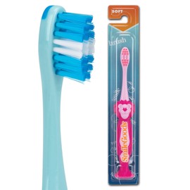 SmileGoods Y224 Child Lion Toothbrush, 22 Tuft, Soft Bristle, with Tongue Cleaner & Suction Cup Base, 72 Individually Packaged Premium Toothbrushes, Assorted Colors Bulk Pack