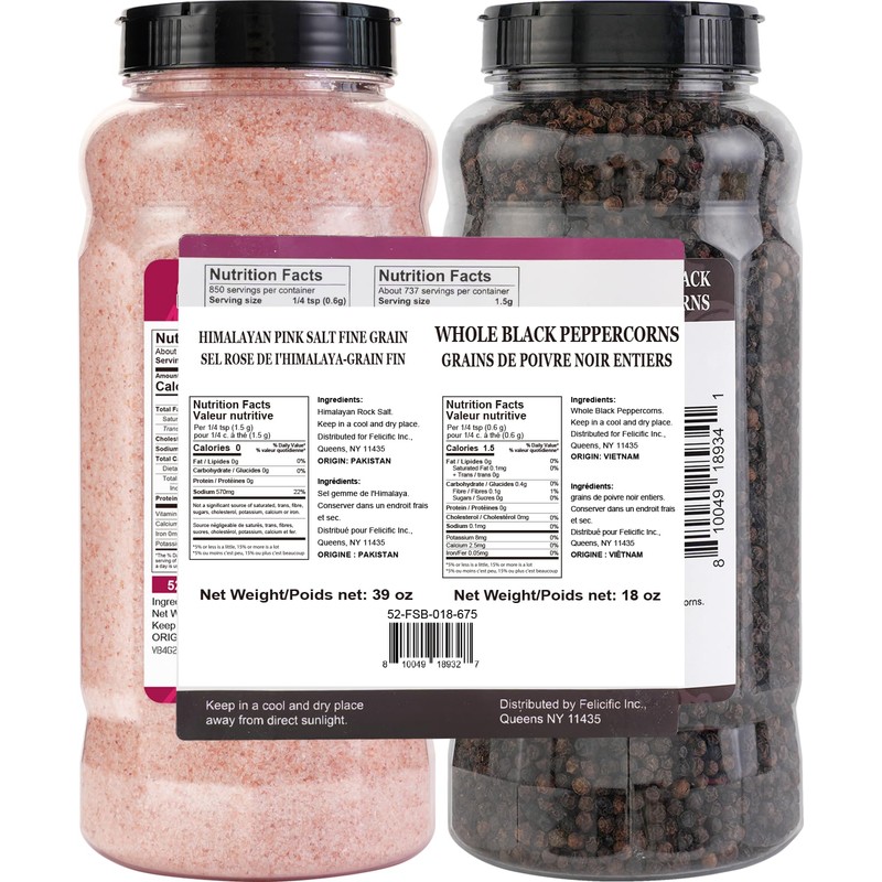 52USA Whole Black Peppercorns 18 oz + Himalayan Pink Salt