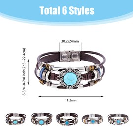UNICRAFTALE 6Pcs 6 Styles Leather Wrap Bracelets Cowhide Rope Triple Layer Boho Multi Strand Bracelets Set Synthetic Turquoise Wrist Cuff Bangle Beaded Cat Eye Gothic Bracelets for Women