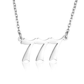 FSYAEGZA Angel Number Necklace Stainless Steel Old English Numerology Jewelry 111 222 333 444 555 666 777 888 999 Lucky Number Minimalist Pendant for Women (777, Silver)
