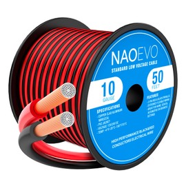 NAOEVO 10 Gauge Wire 50FT, 2 Conductors Electrical Wire Red Black Cable, Flexible/Low Voltage/PVC 10 AWG Copper Clad Aluminum Extension Cord for Speaker, LED Strips, Automotive 12V/24V DC